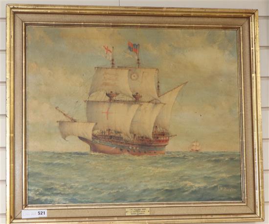 John Millington (1891-1948), oil on canvas, The Golden Hind at sea, signed, 54 x 67cm